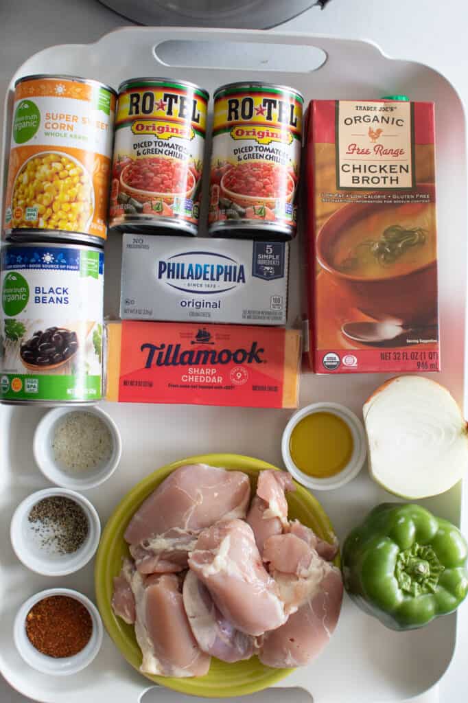 instant pot taco chicken soup ingredients on a white tray