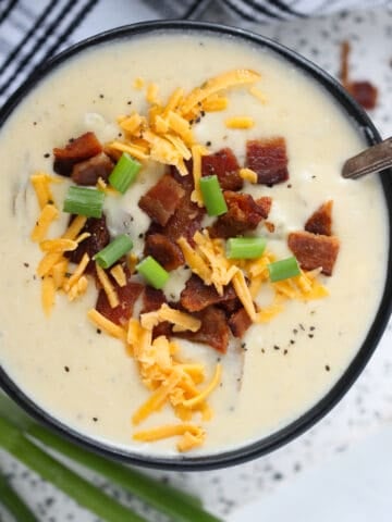 the potato soup instant pot recipe close up ready to take a bite