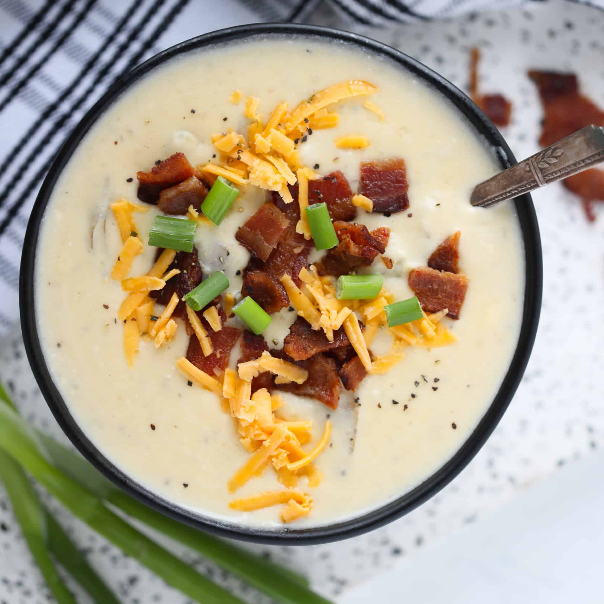 the potato soup instant pot recipe close up ready to take a bite