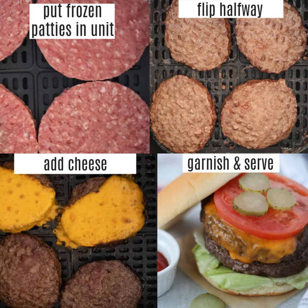 air fryer frozen burgers recipe steps collage