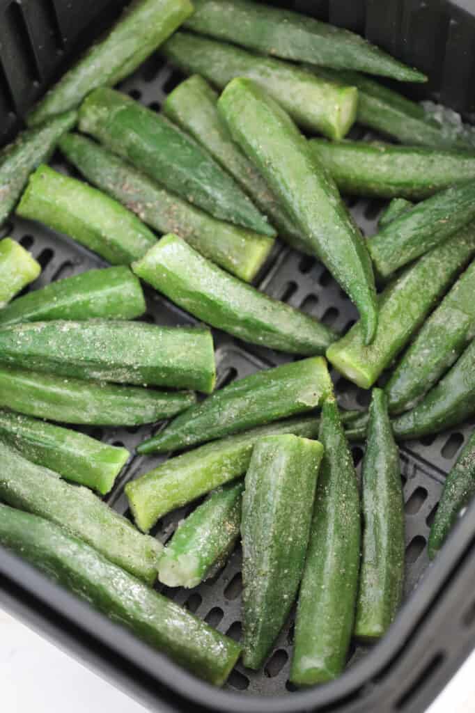 how to cook frozen okra in the air fryer starts with adding the okra to a preheated basket
