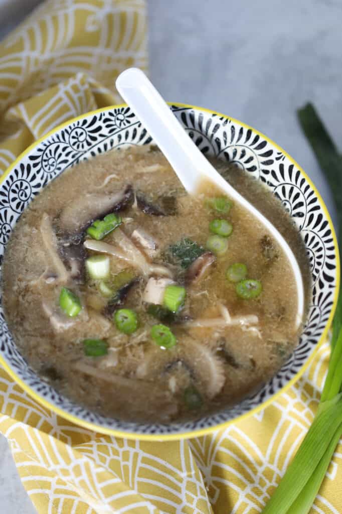 instant pot hot and sour soup in an Asian bowl