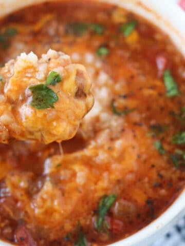 instant pot stuffed pepper soup close up image of a bite of soup