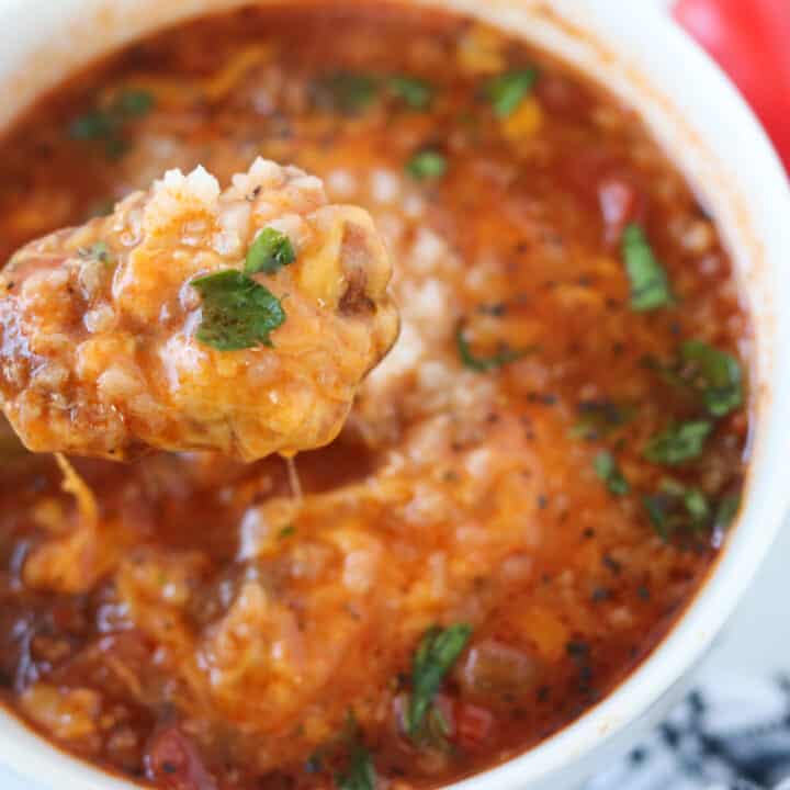 instant pot stuffed pepper soup close up image of a bite of soup