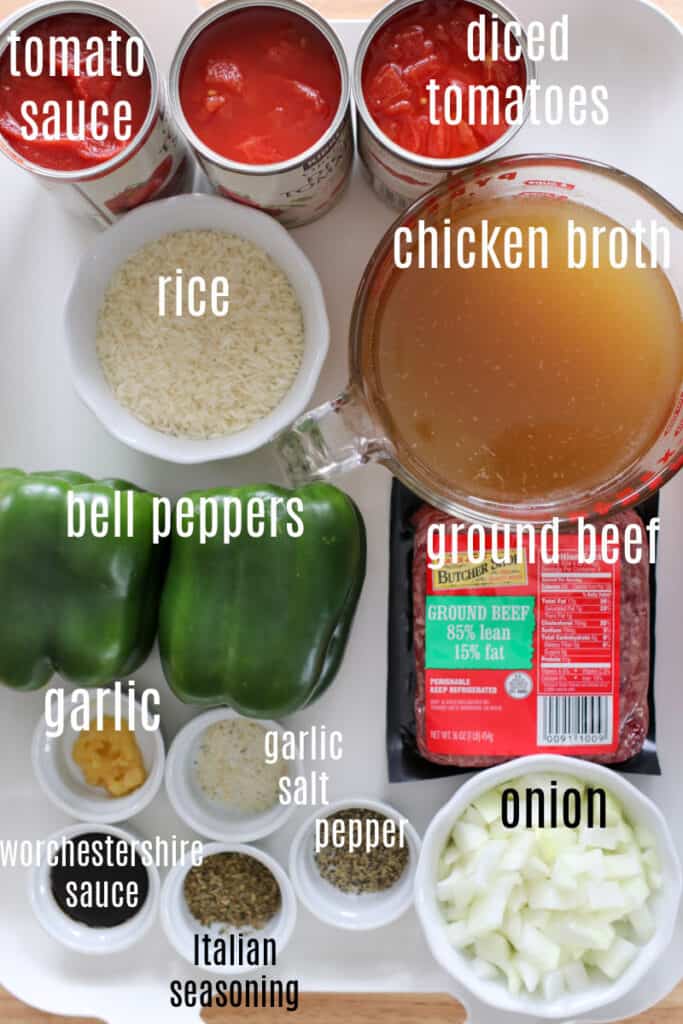 the stuffed pepper soup in instant pot ingredients on a white tray