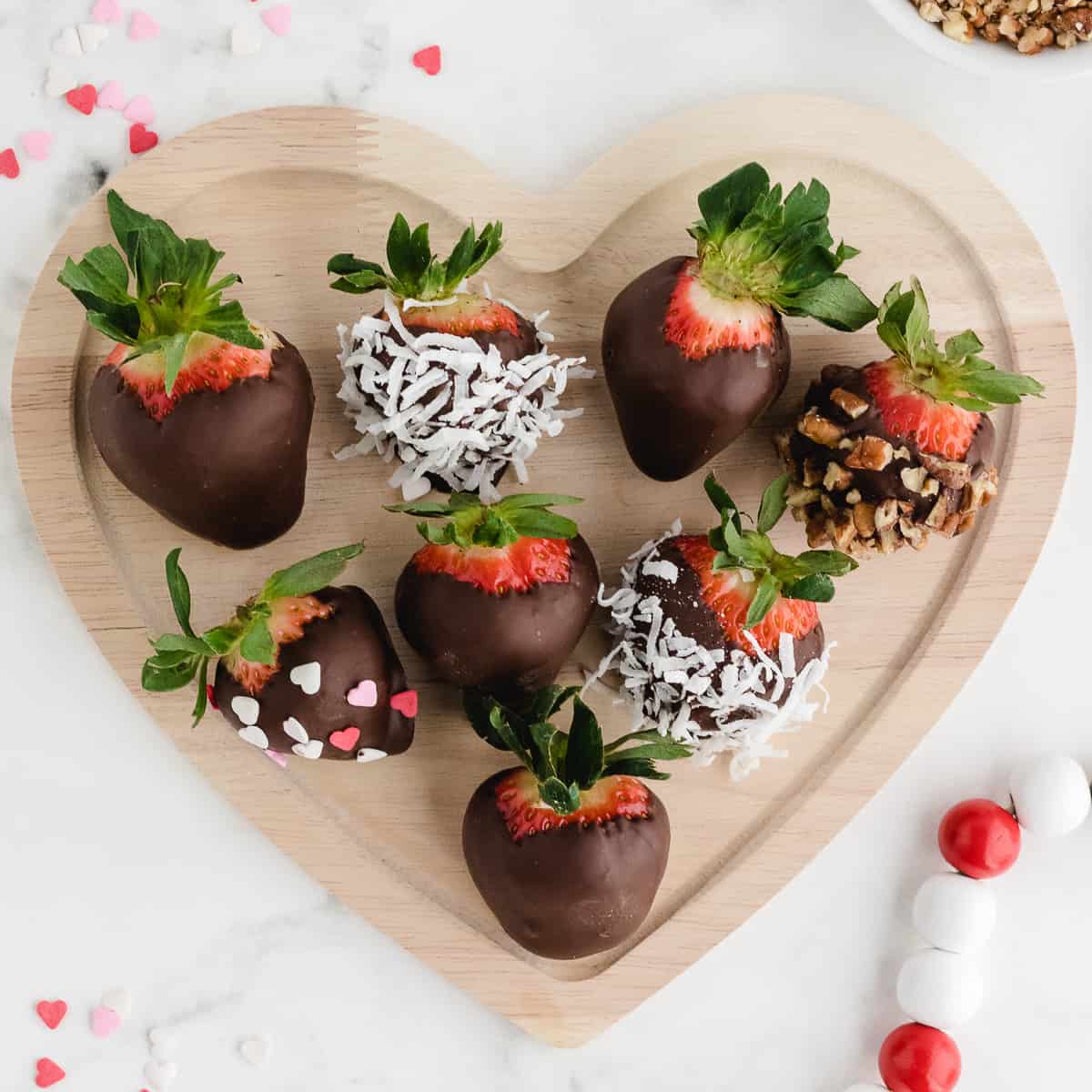 valentines chocolate strawberries on a heart shaped plate