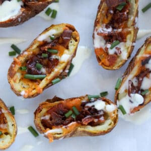 potato skins air fryer recipe close up with garnishes