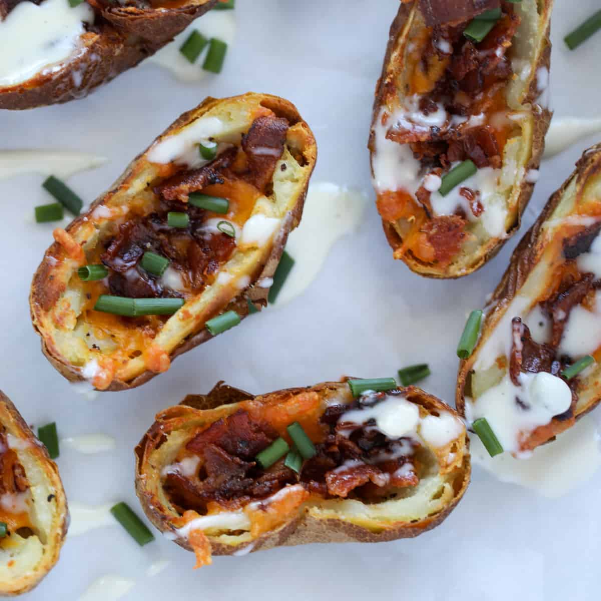 potato skins air fryer recipe close up with garnishes