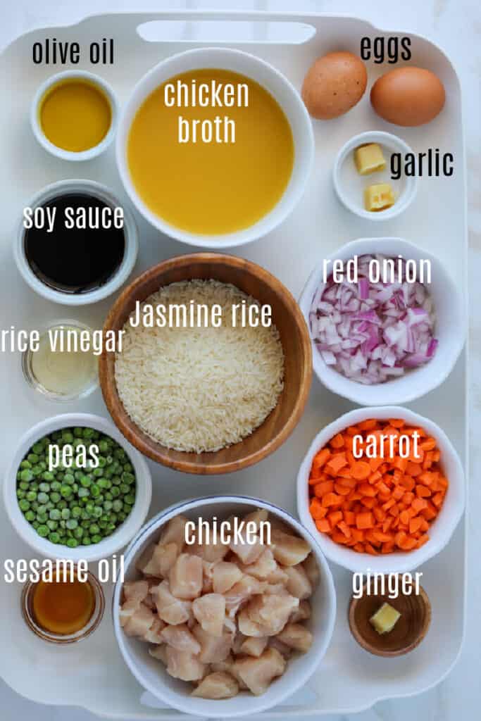 air fryer fried rice ingredients on a tray