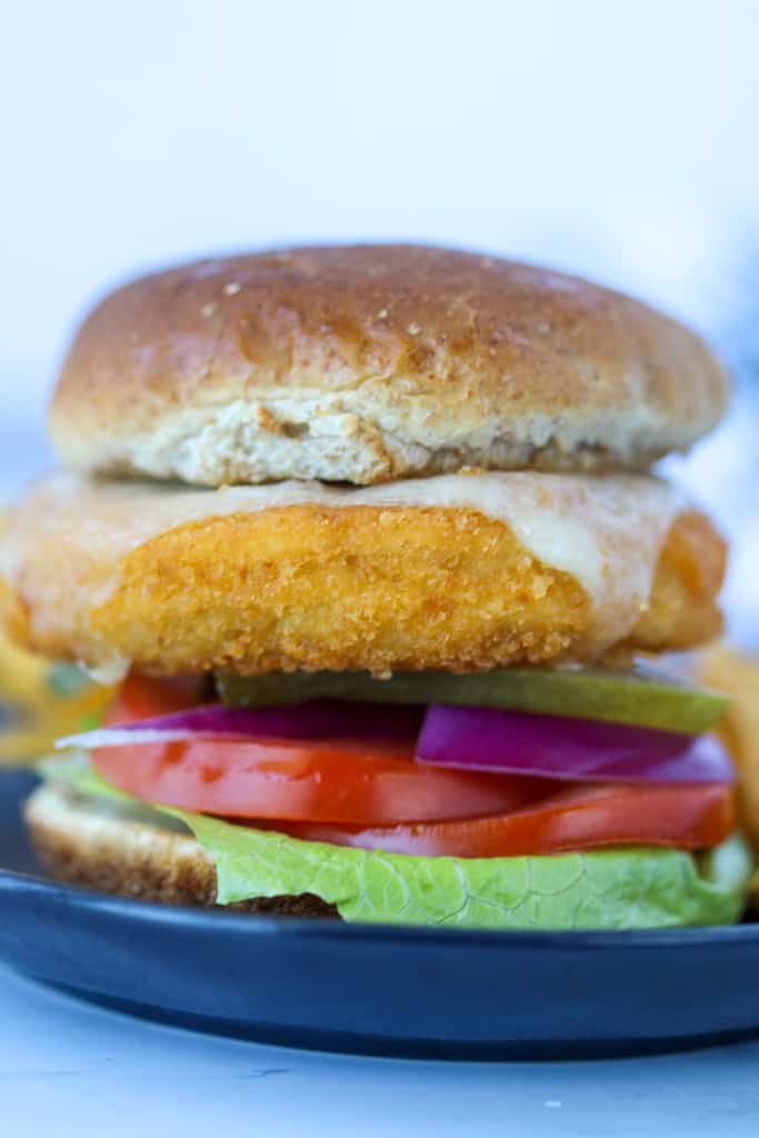 air fryer frozen chicken patties cooked on a bun ready to eat