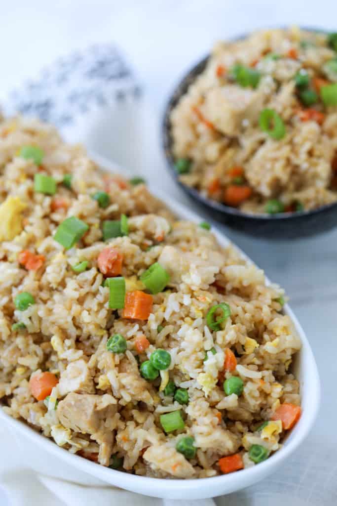 chicken fried rice in air fryer in a white bowl