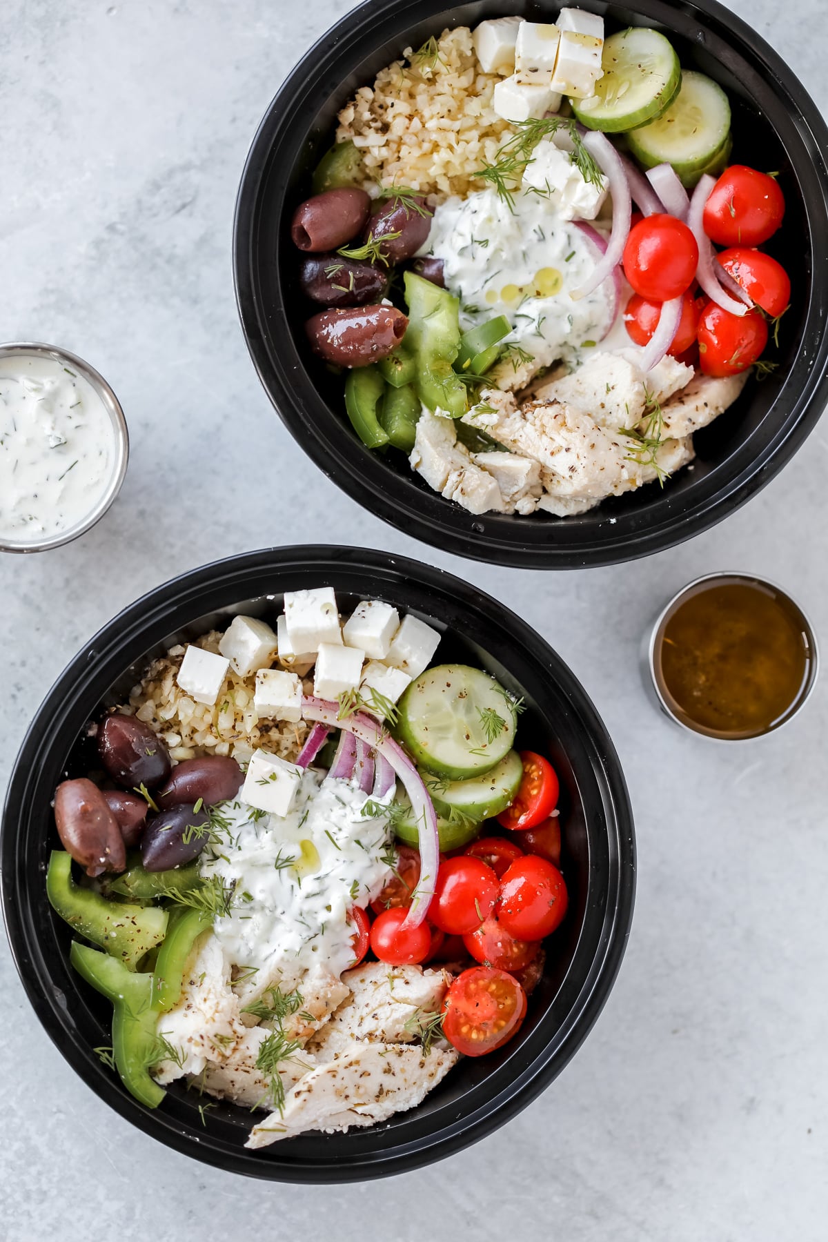 greek salad meal prep bowls in meal prep containers to eat for the week