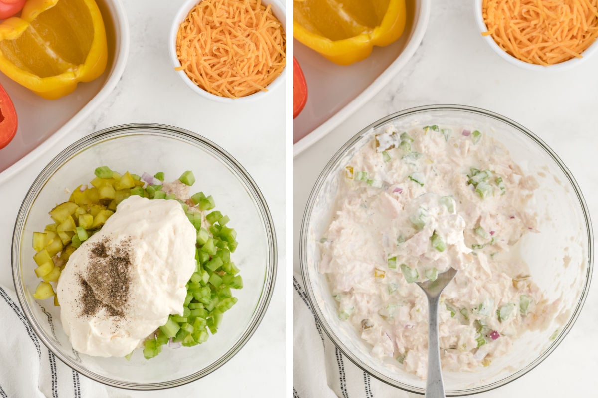combining the tuna melt filling for tuna stuffed peppers