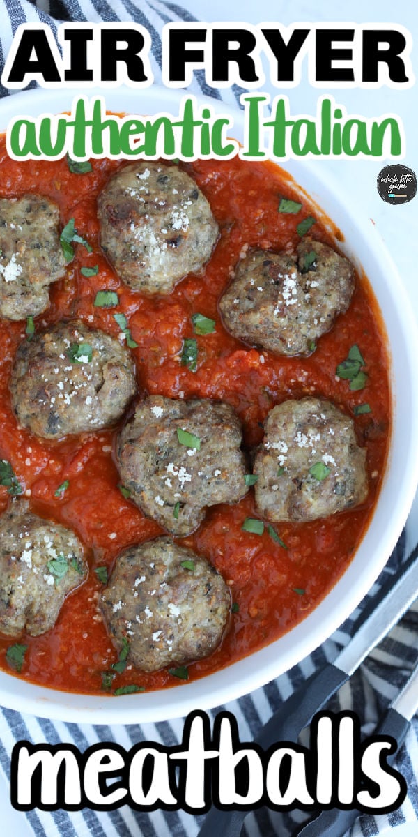 homemade air fryer meatballs in an air fryer pin for Pinterest