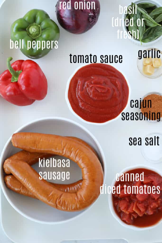 slow cooker kielbasa ingredients on a white tray