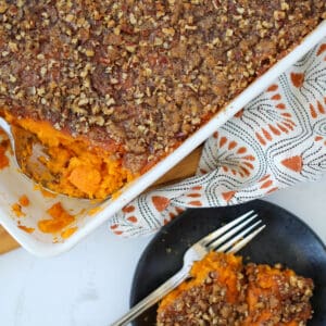 pressure cooker sweet potato casserole close up image with a serving on a plate