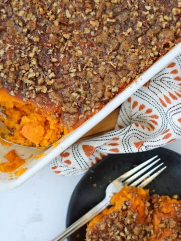 pressure cooker sweet potato casserole close up image with a serving on a plate
