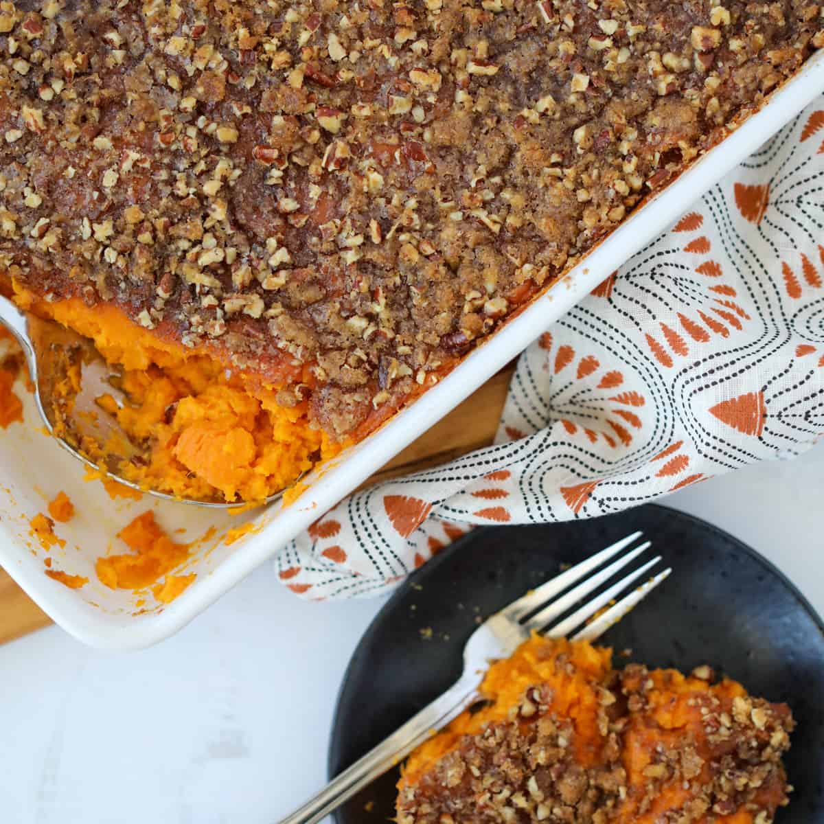 pressure cooker sweet potato casserole close up image with a serving on a plate