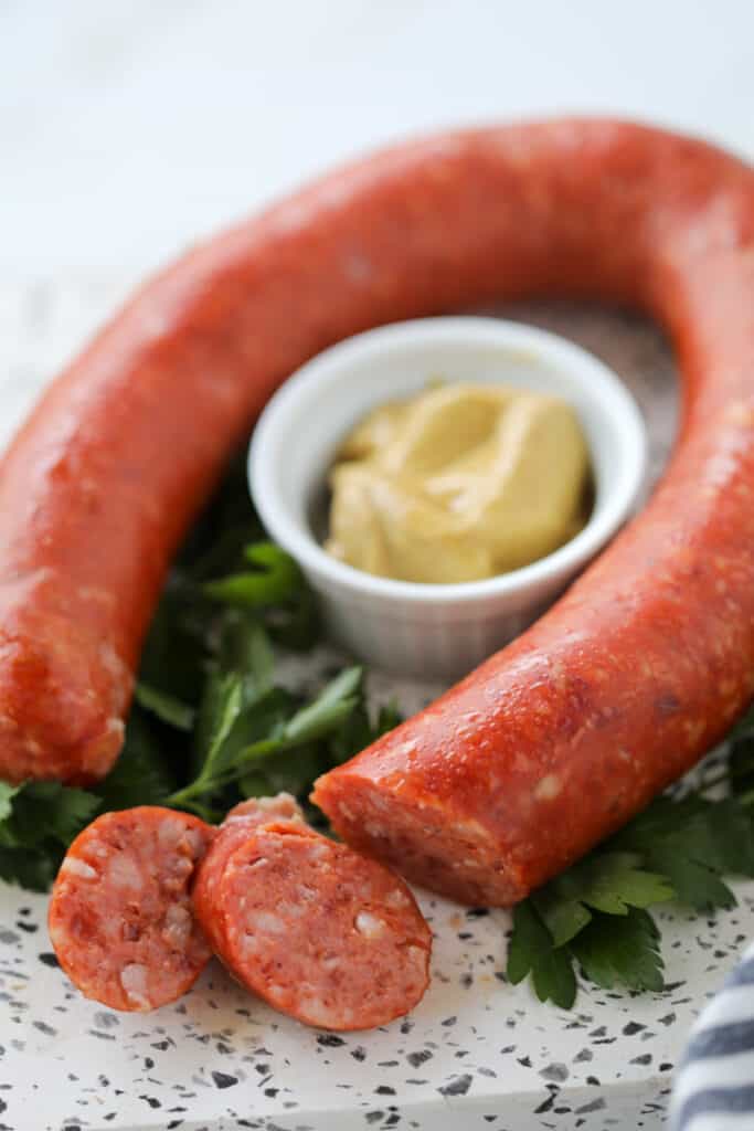boiled kielbasa sausage after cooking