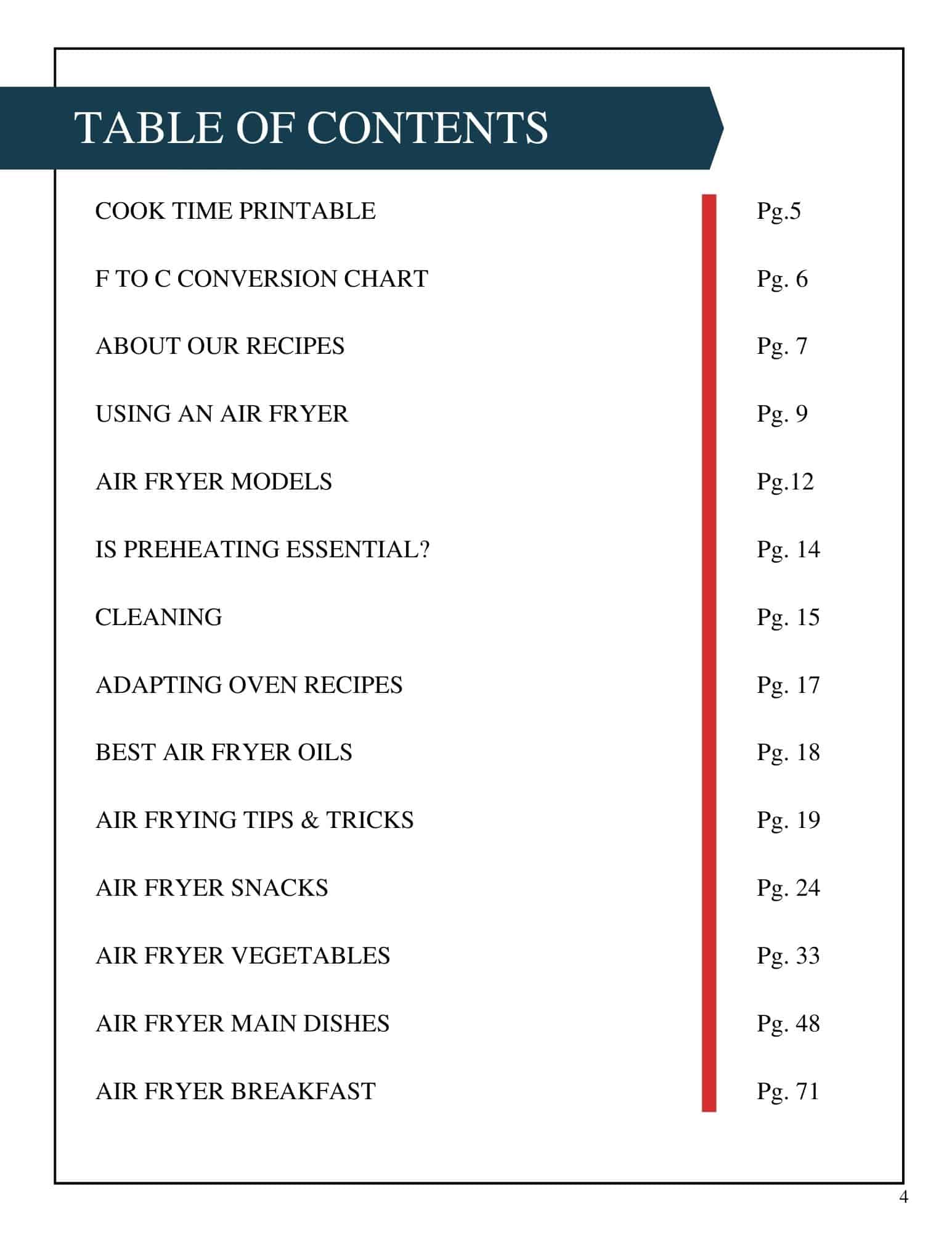 air fryer ebook table of contents