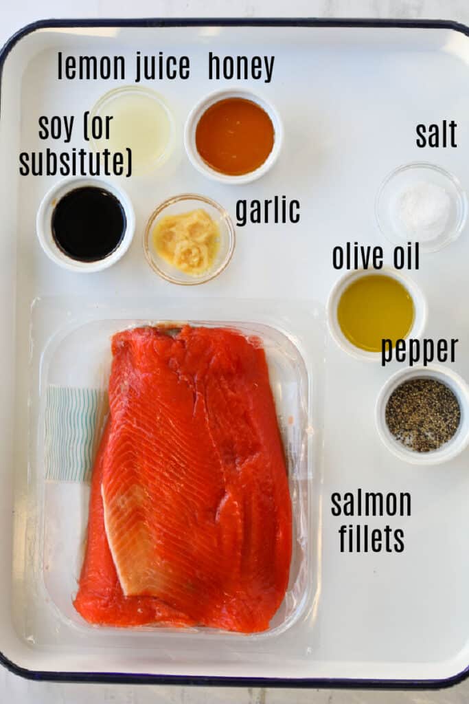 honey garlic salmon air fryer recipe ingredients on a white tray