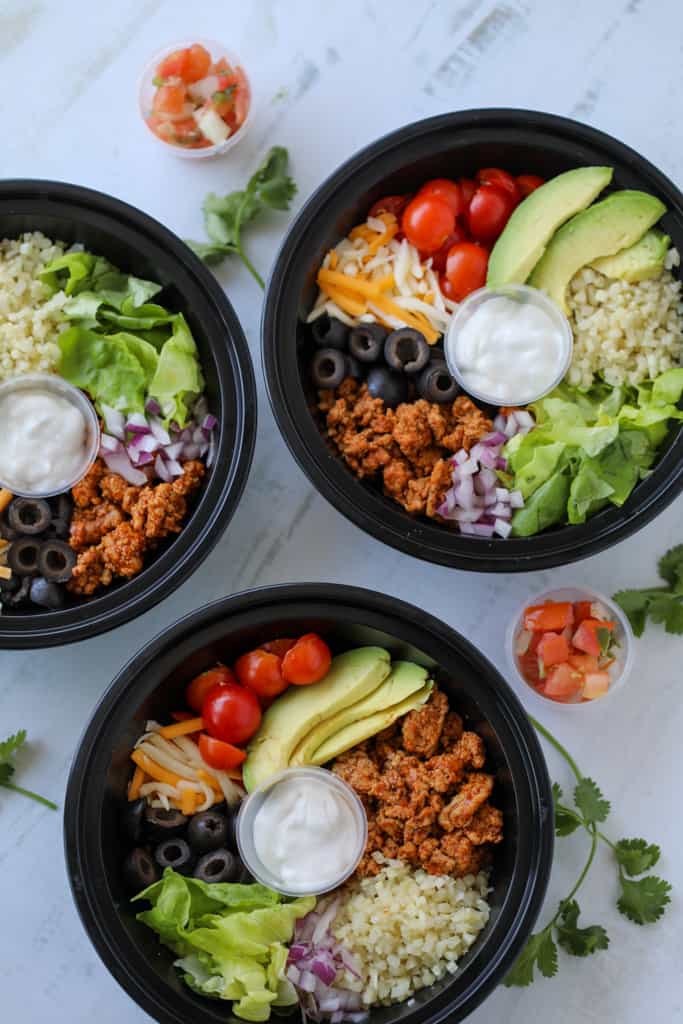 low carb taco bowl in meal prep containers
