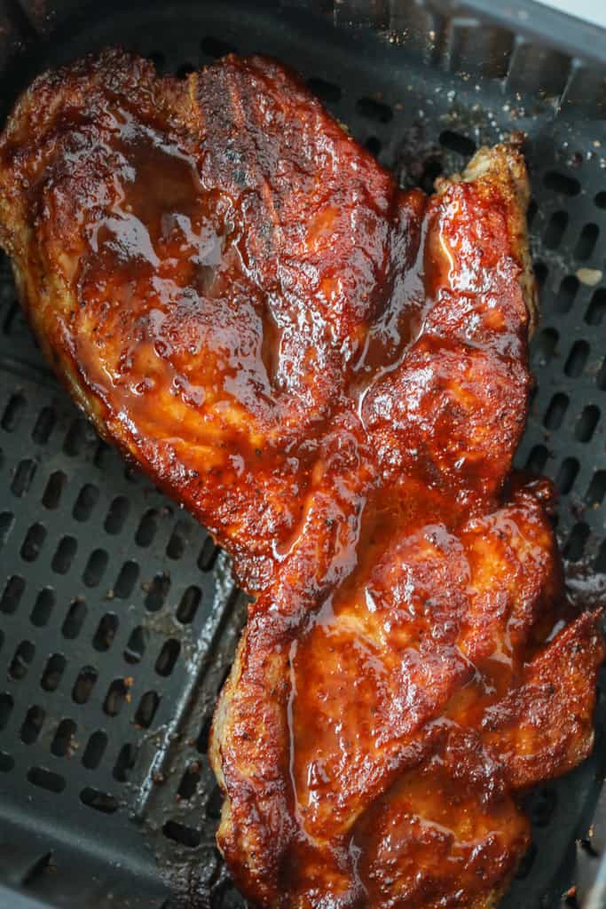 bbq pork steaks in the air fryer after cooking