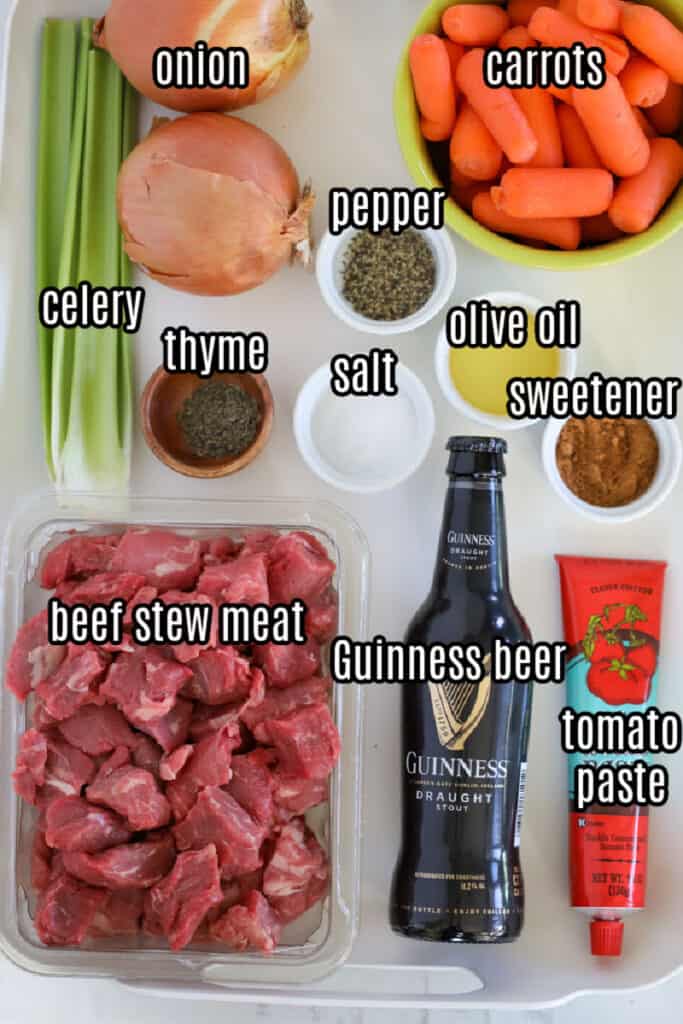 guinness beef stew instant pot recipe ingredients on a tray