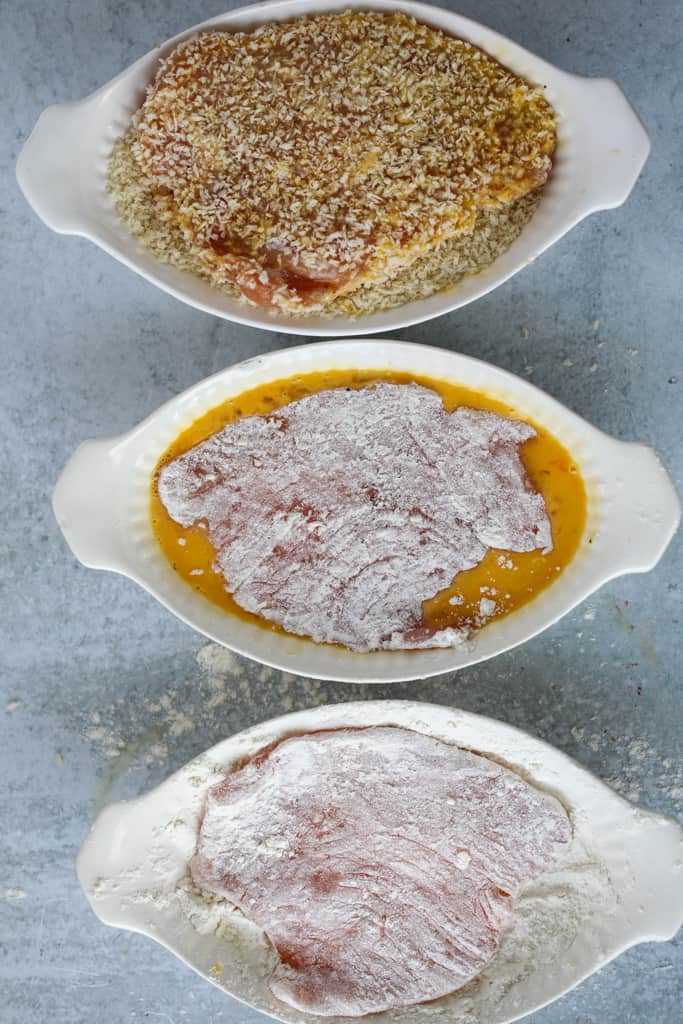 dredge the turkey cutlet slices in flour, egg, and panko breadcrumbs