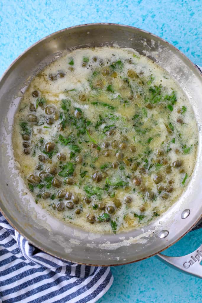 <span style='background-color:none;'>lemon butter caper sauce</span><span style='background-color:none;'> </span>recipe in a skillet