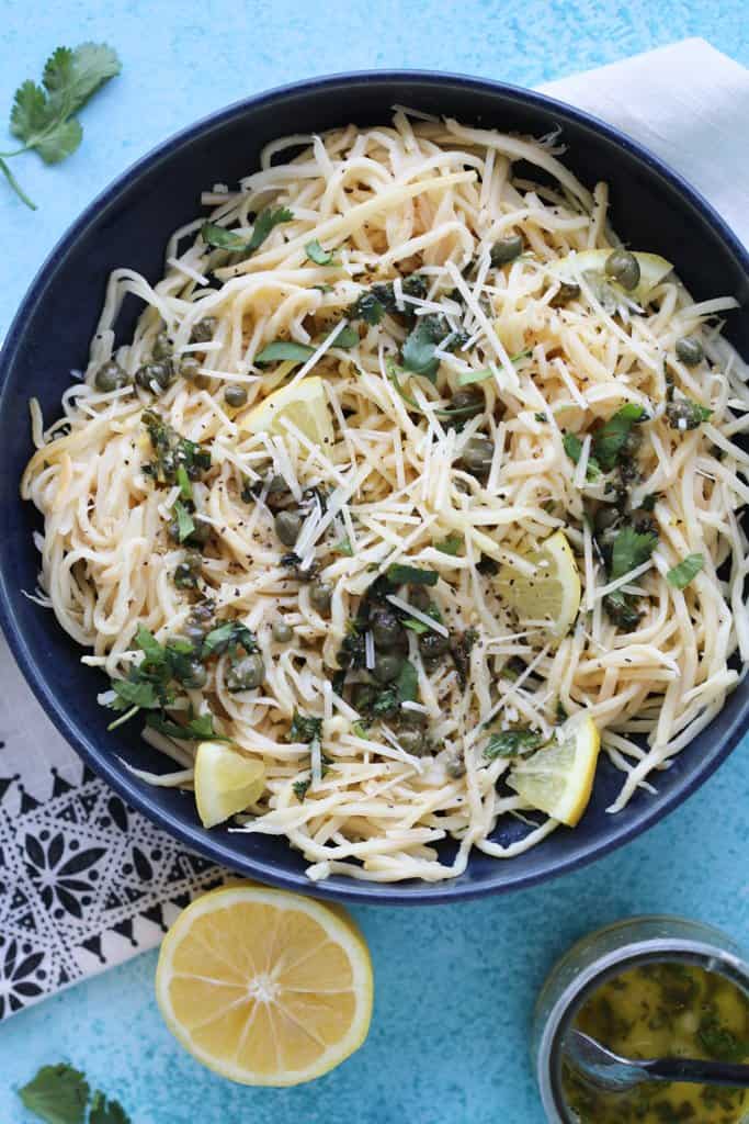 lemon caper pasta in a pan