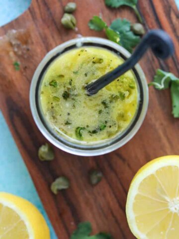 lemon caper sauce on a cutting board