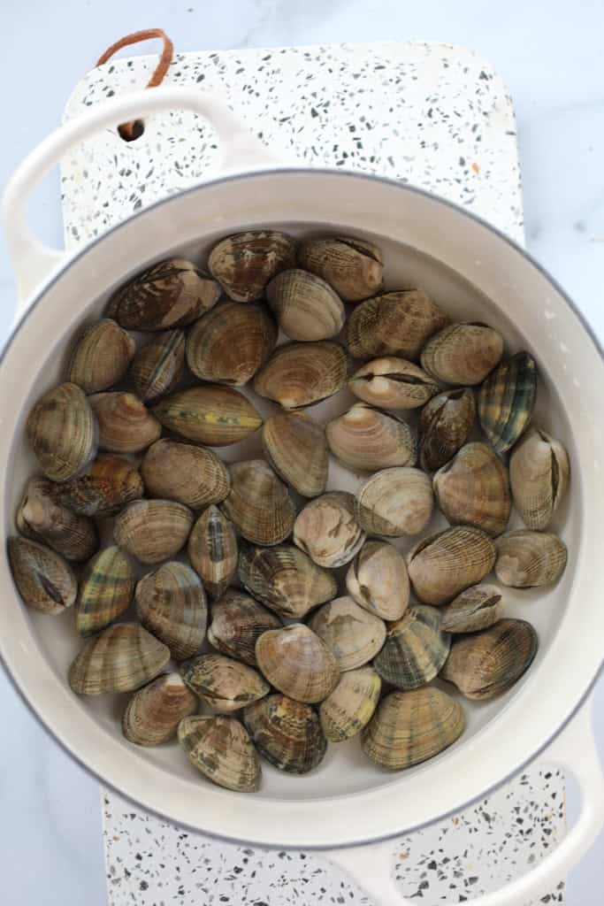 homemade clam broth in a stock pot ready to boil
