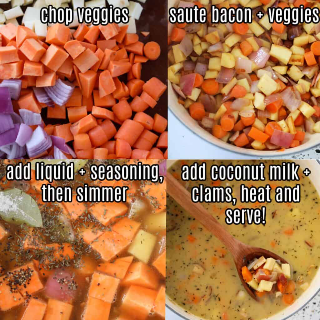paleo clam chowder recipe steps for cooking vegetables and making the soup