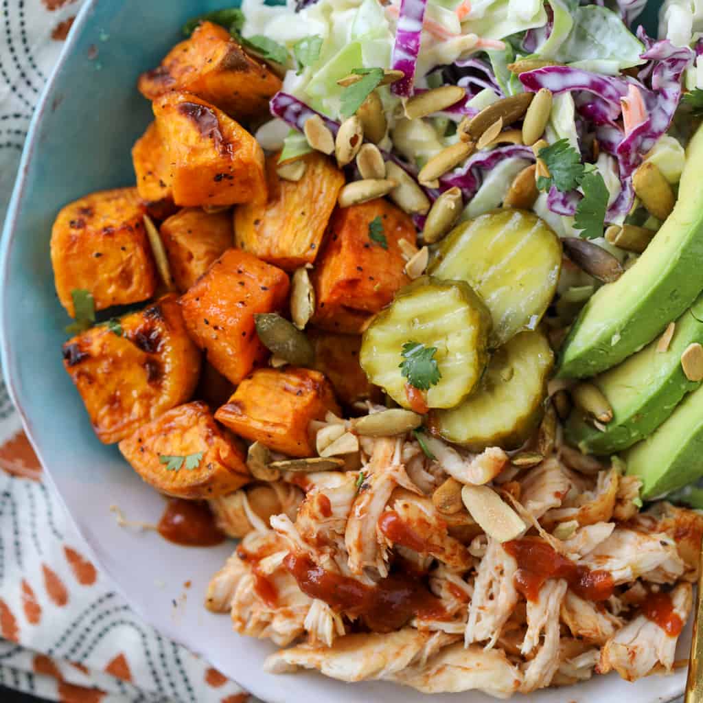 if you're looking for a chicken sweet potato recipe try pulled chicken bowls with barbecue sides