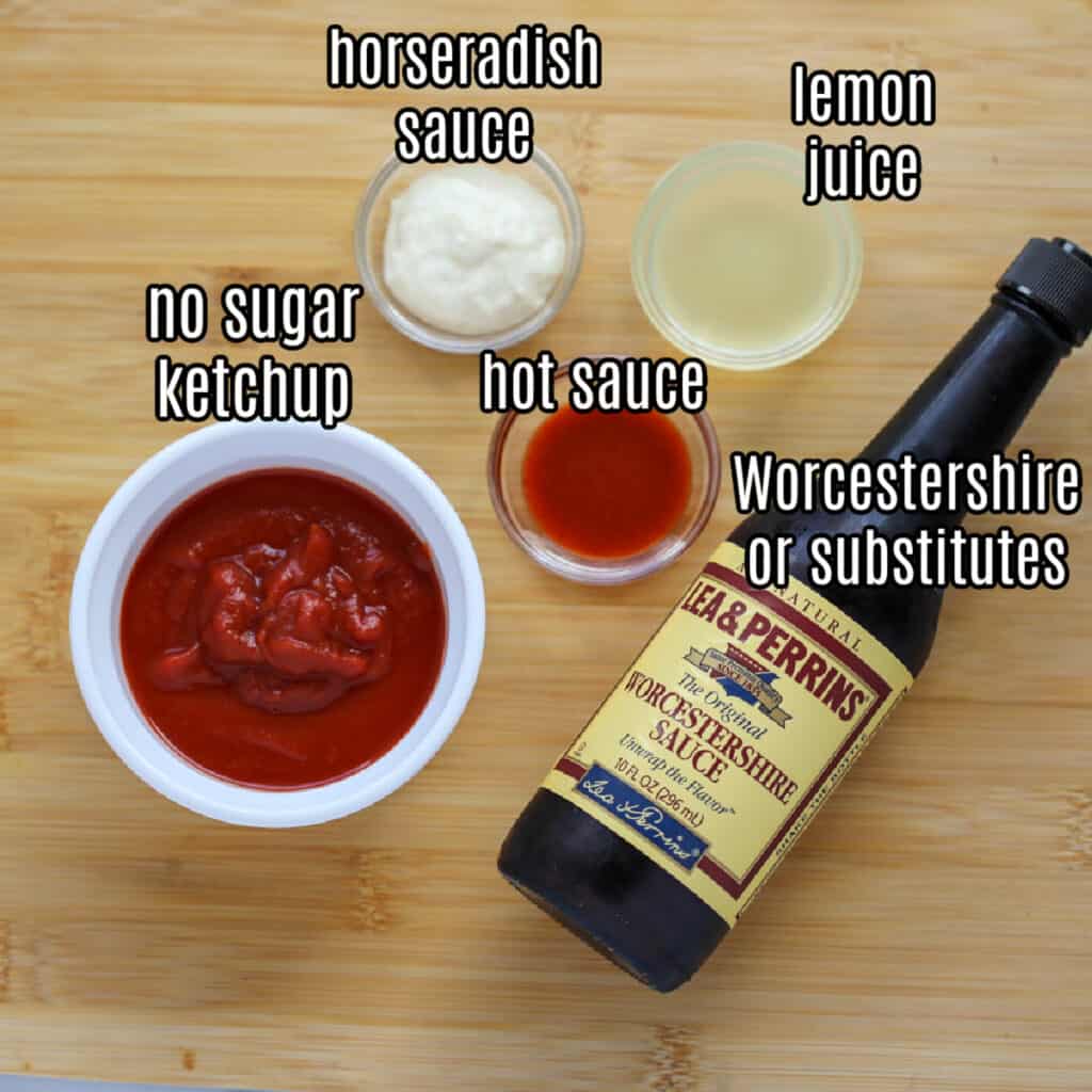 keto cocktail sauce ingredients on a cutting board