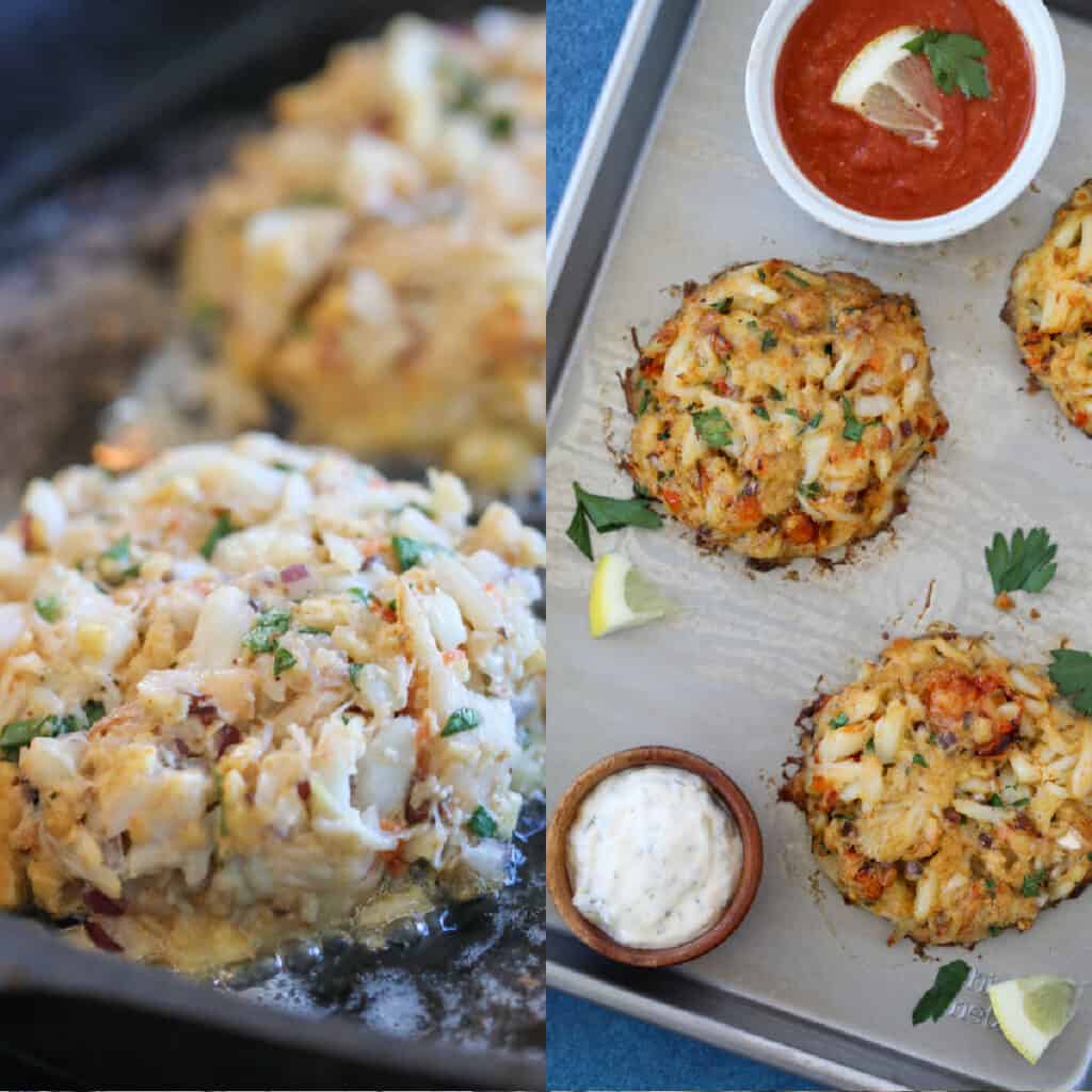 pan fried crab cakes in oven on a baking sheet