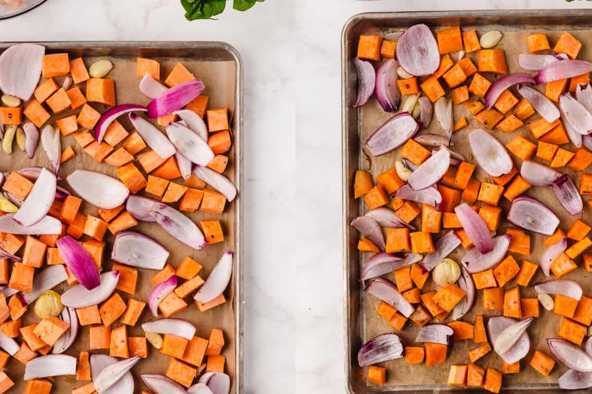 roast the sweet potatoes and onions on a tray