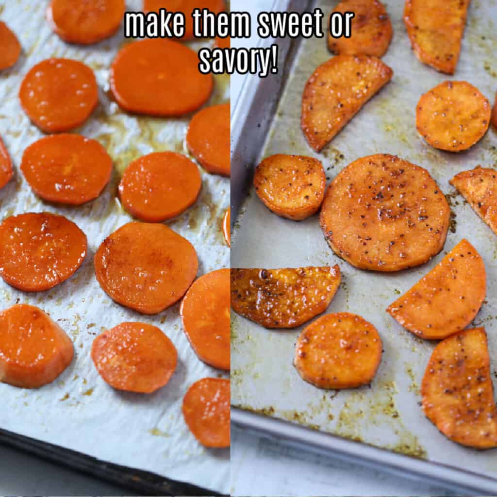 roasted sweet potato slices savory or sweet on a baking sheet