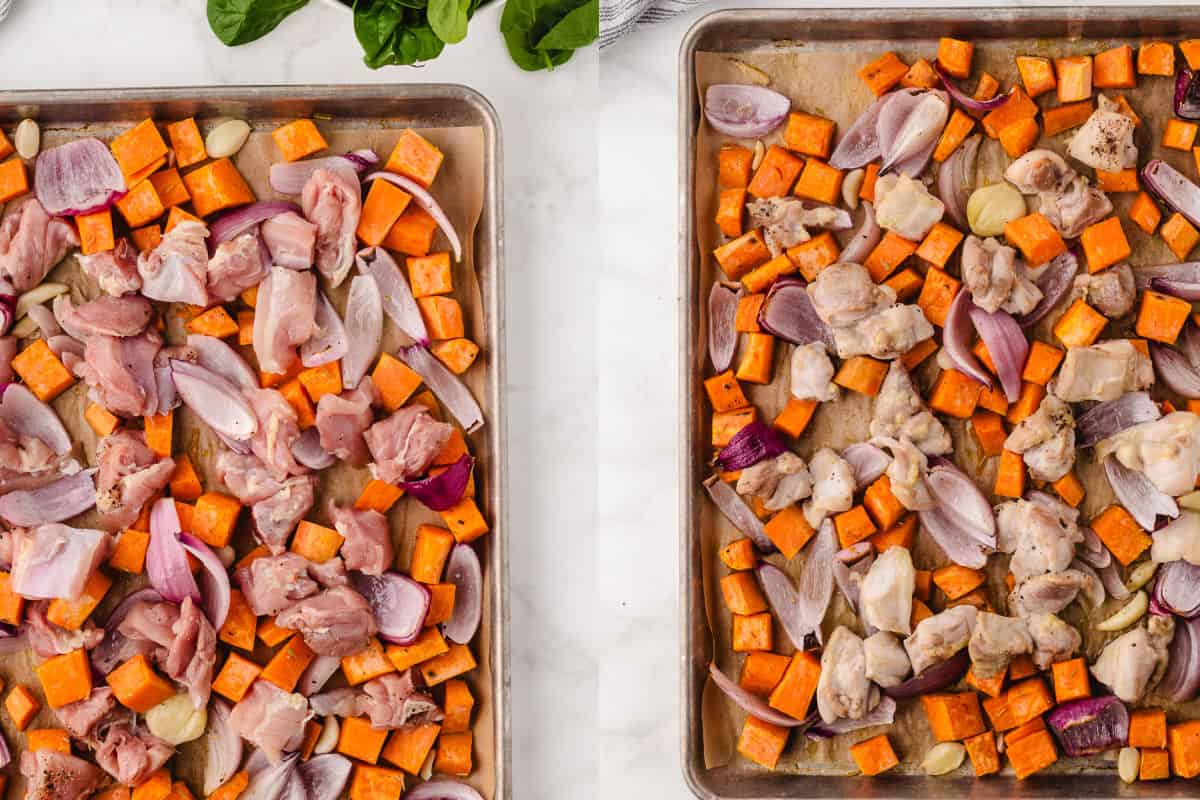 sheet pan chicken thighs and sweet potatoes getting cooked on a pan