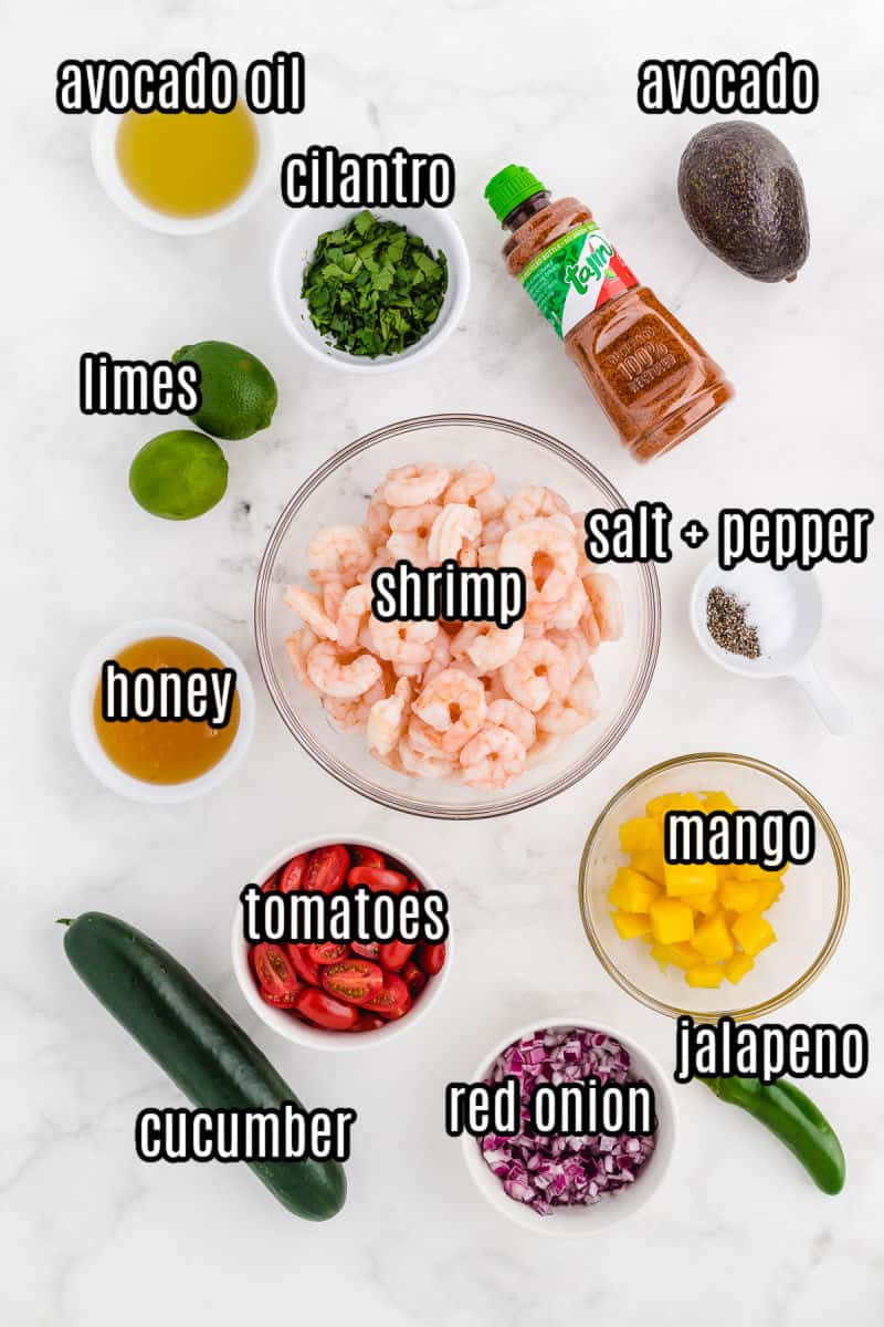 shrimp salad ingredients on a white counter