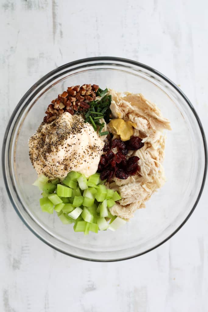 chicken salad with dried cranberries 3 in a bowl