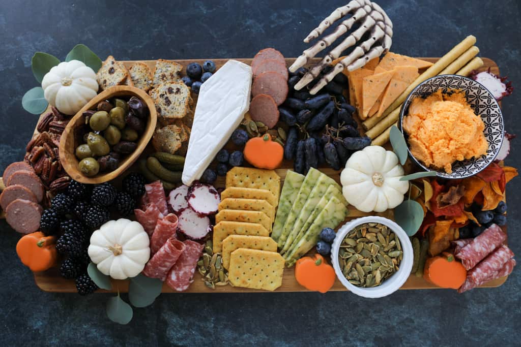 4 halloween charcuterie board ready to serve at a party or just for fun