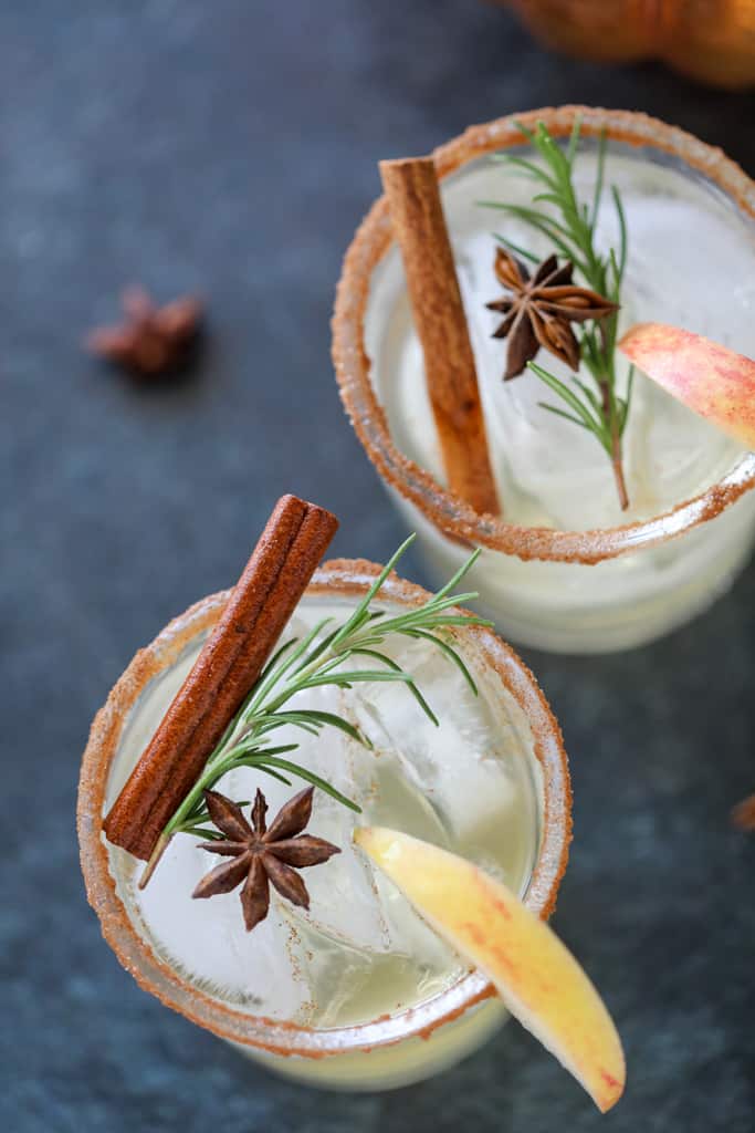 apple cider margarita with contreau garnished with cinnamon sugar