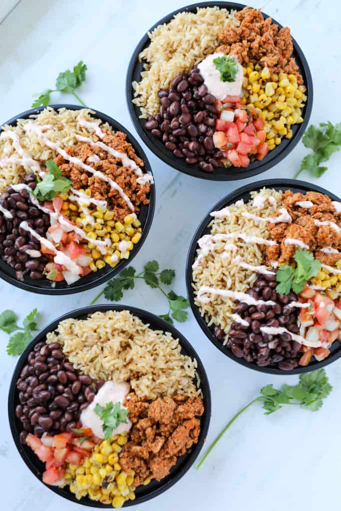 chicken burrito bowl meal prep containers ready to eat