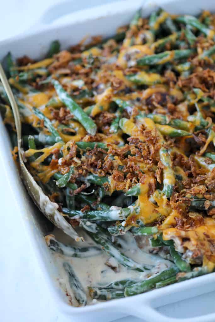 green bean casserole with cream cheese sauce after cooking