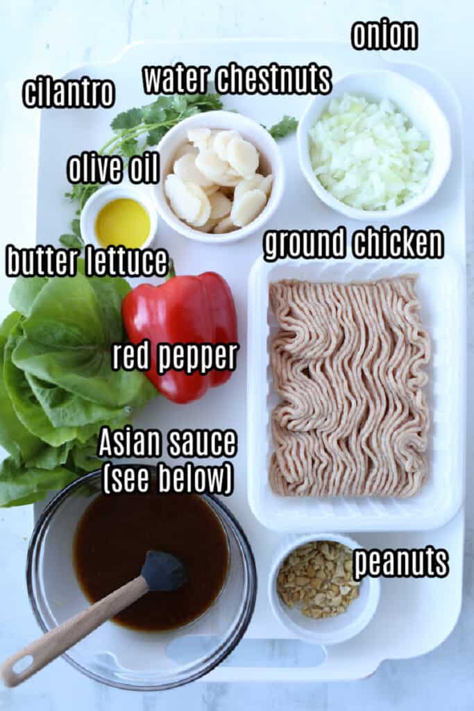 ground chicken lettuce wraps ingredients on a white tray