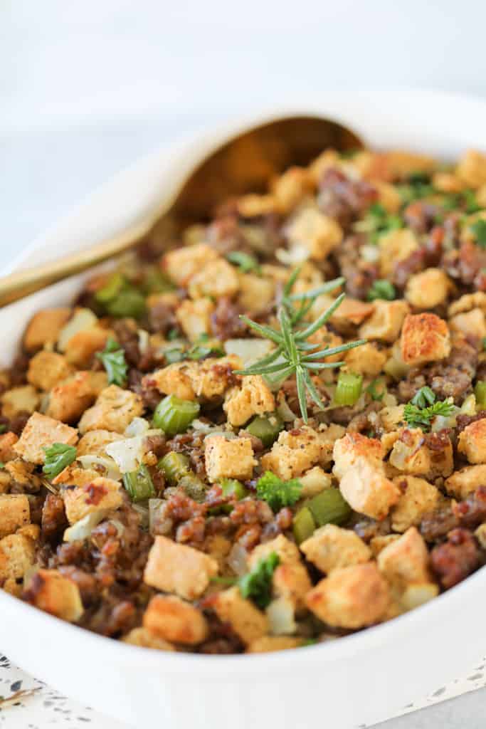 keto stuffing recipe in a white pan