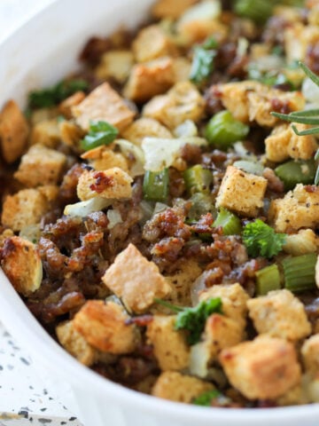 low carb stuffing with sausage close up image after baking in the oven