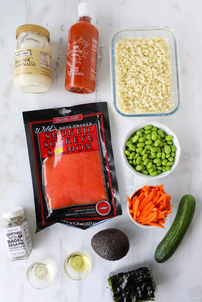 salmon sushi bowl recipe ingredients on a white background